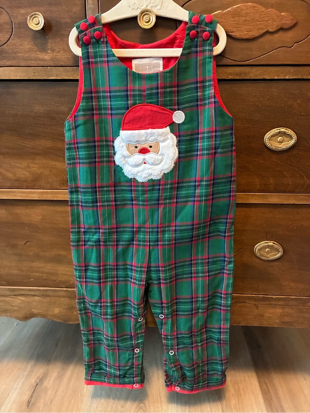 Green & Red Plaid Santa Applique Romper - Kids
